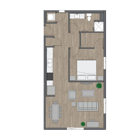 Floor plan for 1 bed, 1 bath, 743 sqft